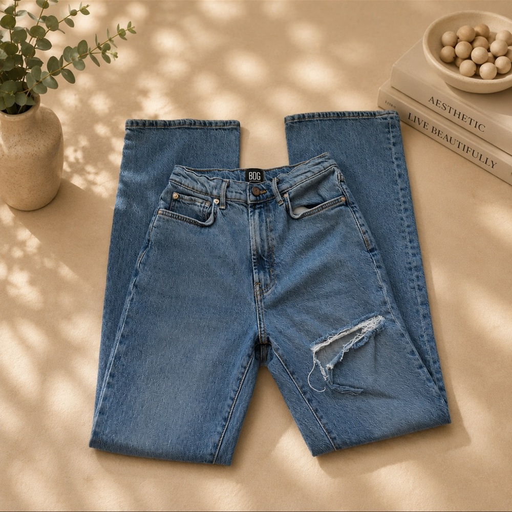 BDG Urban Outfitters High Rise Flare Jeans Distressed Light Wash Denim